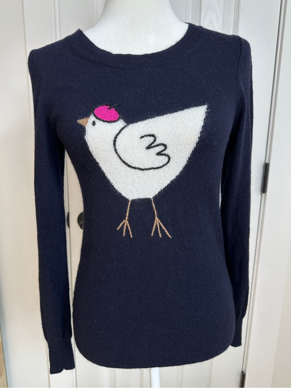 J. Crew Merino Wool Blend Bird wearing Beret Intarsia Sweater Navy Small